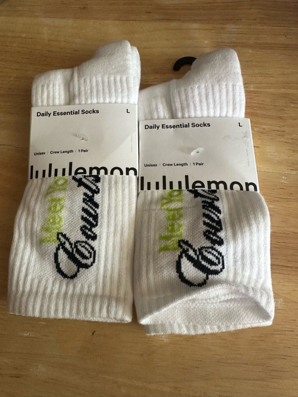 lululemon 2pair  White Crew Socks with Black Script and Lime  sz large